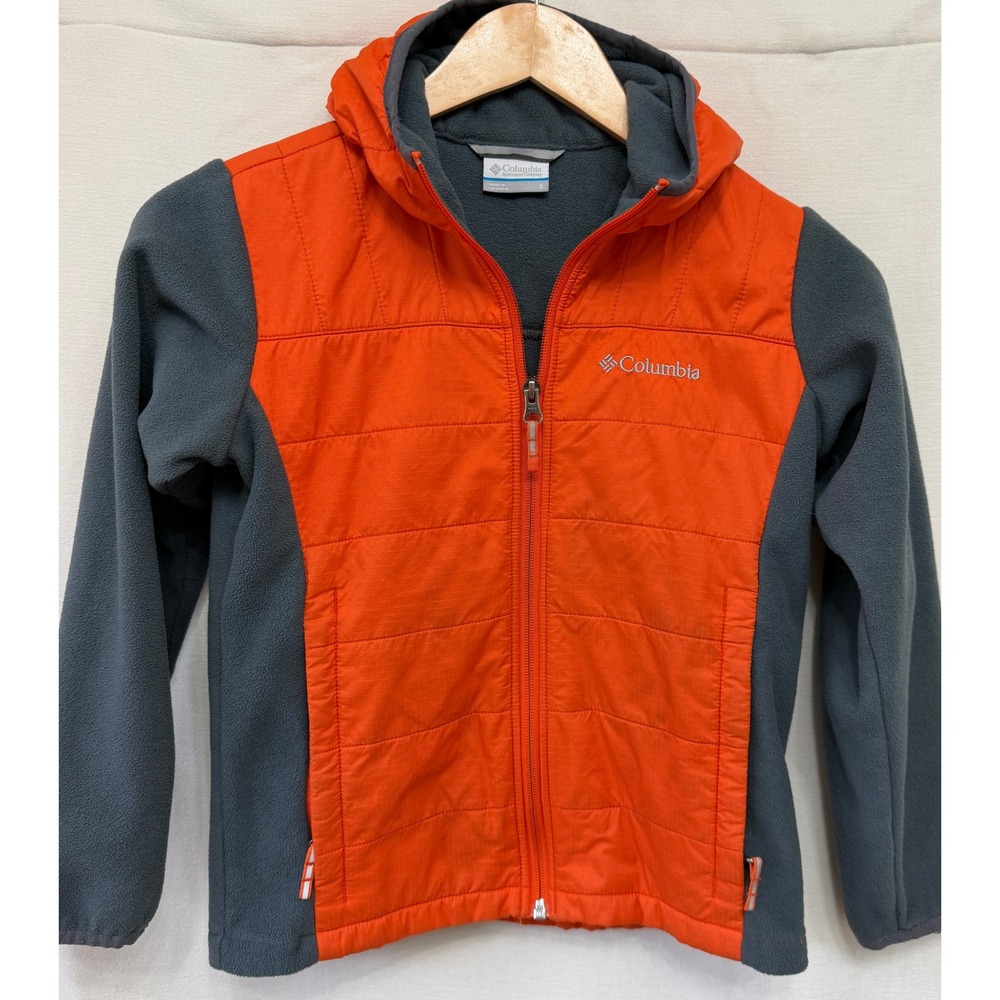 Columbia Boys Full Zip Hooded Fleece Hybrid Jacket Orange Grey Size Small 8